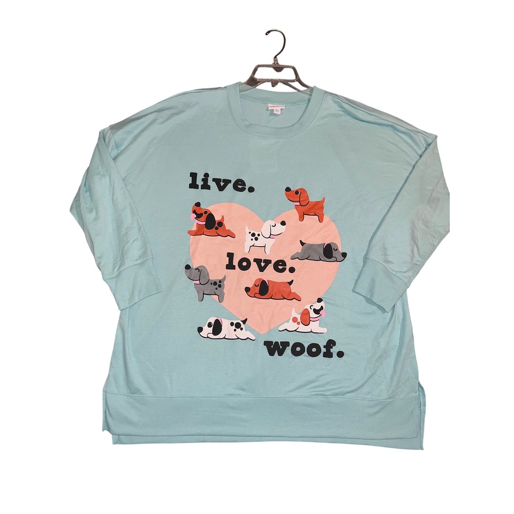 New LuLaRoe Womens XL Live Love Woof Dog Graphic Teal Blue LS HANNAH Pullover - Picture 6 of 8